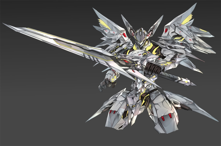 crack, gradient, gradient_background, grey_background, highres, holding, holding_sword, holding_weapon
