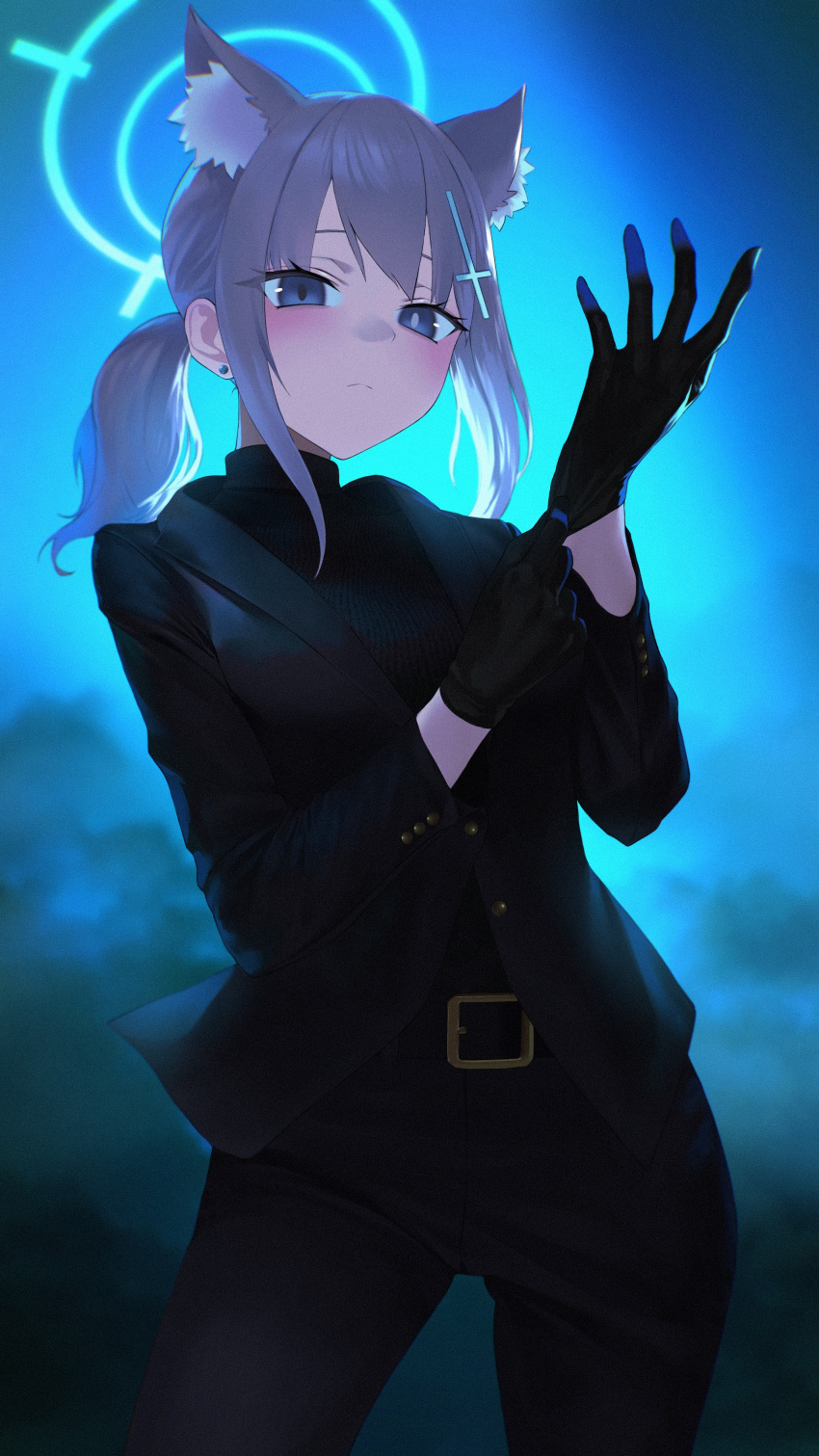 1girl, absurdres, adjusting_clothes, adjusting_gloves, animal_ear_fluff, animal_ears, belt, belt_buckle