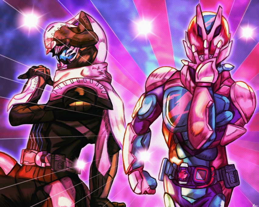 2boys, animal_hood, battle_tendency, burmeoburmeo, clenched_hand, demon, demon_boy, driver_(kamen_rider)