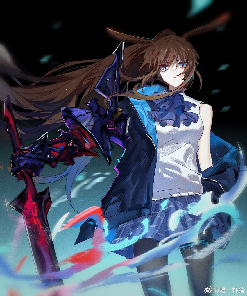 1girl, amiya_(arknights), amiya_(guard)_(arknights), animal_ears, arknights, ascot, black_background, black_jacket, black_pantyhose, blue_ascot, blue_eyes, blue_skirt, breasts, cccc76743578, cowboy_shot, floating_hair, he_yi_bei_cha, highres, holding, holding_sword, holding_weapon, jacket, long_hair, looking_at_viewer, off_shoulder, official_alternate_costume, open_clothes, open_jacket, pantyhose, parted_lips, plaid, plaid_skirt, pleated_skirt, ponytail, rabbit_ears, rabbit_girl, shirt, sidelocks, simple_background, single_bare_shoulder, skirt, sleeveless, sleeveless_shirt, small_breasts, solo, sword, v-shaped_eyebrows, very_long_hair, weapon, weibo_logo, weibo_username, white_shirt, wind