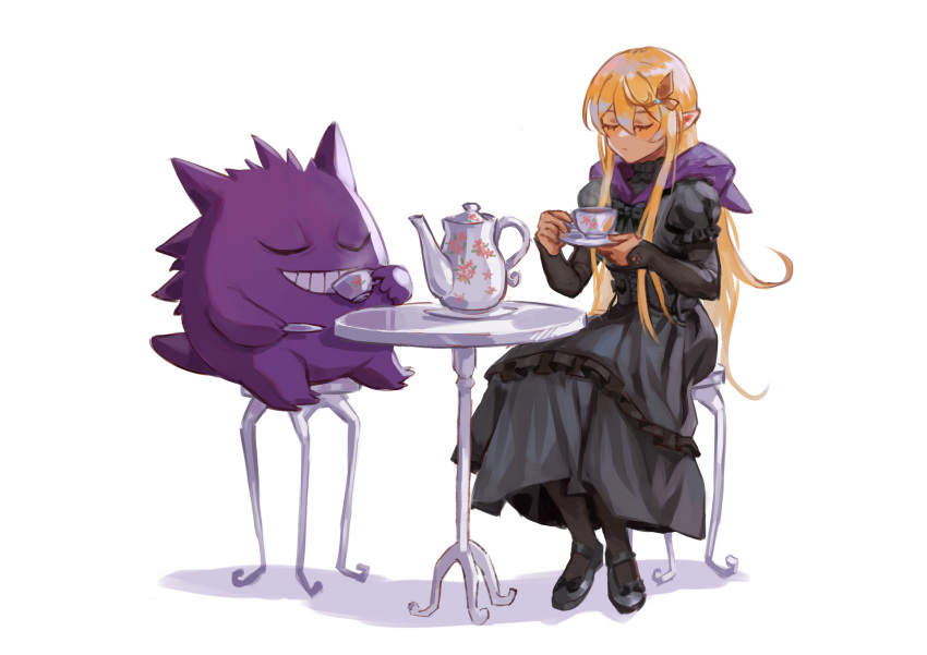 1girl, absurdres, alternate_costume, black_dress, black_footwear, black_socks, blonde_hair, butterfly_hair_ornament