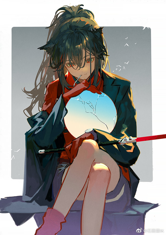 1girl, animal_ears, arknights, black_hair, black_jacket, black_pants, border, collared_shirt