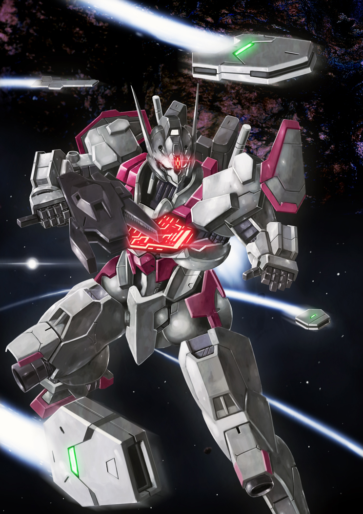 asaba_naoto, flying, funnels_(gundam), glowing, gundam, gundam_lfrith, gundam_suisei_no_majo, mecha, mobile_suit, open_hand, robot, science_fiction, solo, space, white_eyes