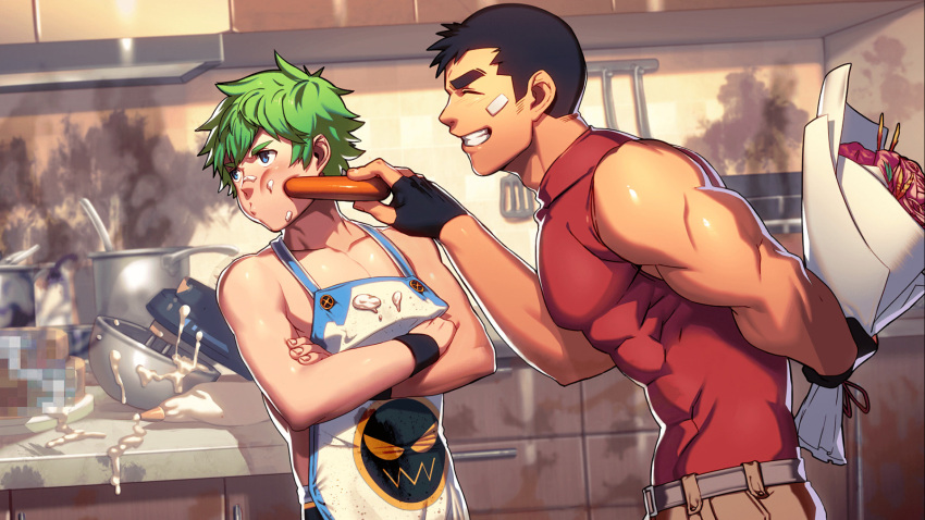 2boys, abs, apron, bad_source, biceps, black_hair, blush, bouquet