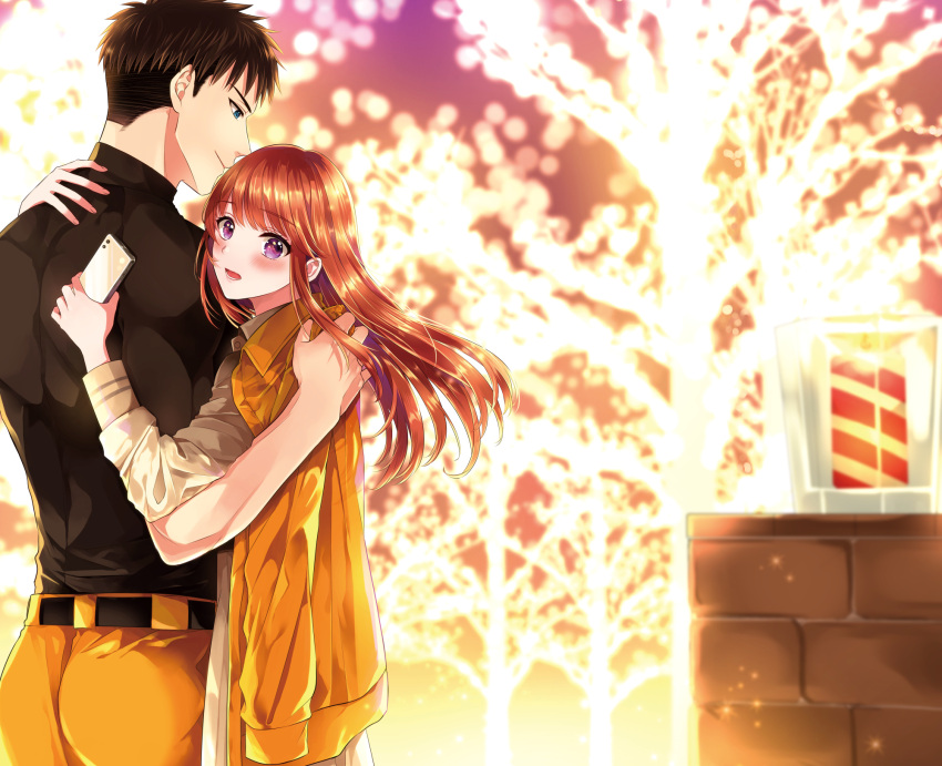 1boy, 1girl, :o, belt, black_hair, black_shirt, blue_eyes, blush