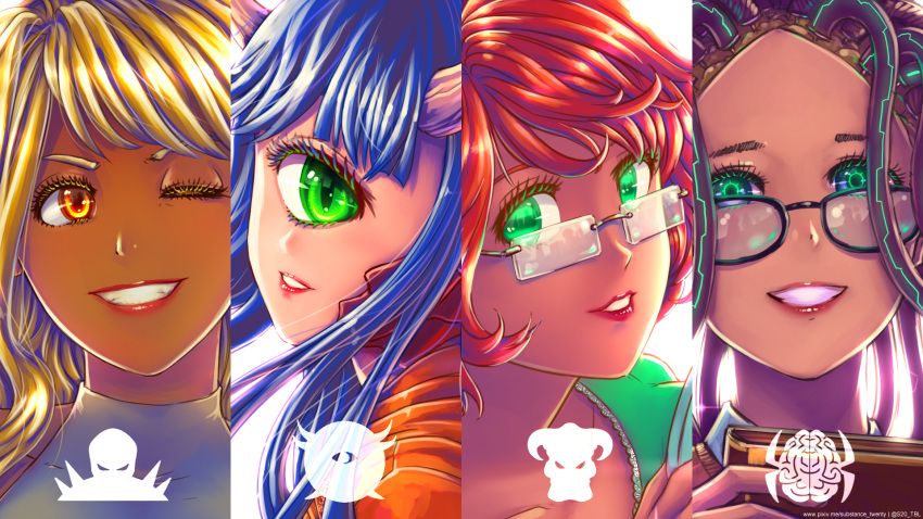 ;d, arachnotron, artist_name, baron_of_hell, black-framed_eyewear, blonde_hair, blue_hair, brown_hair