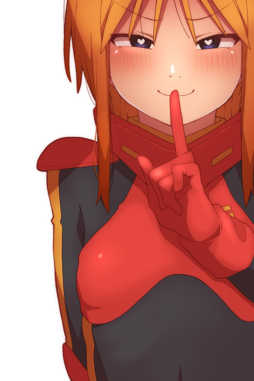 1girl, absurdres, black_bodysuit, blush, bodysuit, breasts, gundam, gundam_zz, heart, heart-shaped_pupils, highres, looking_at_viewer, naughty_face, onimaru_(onimal7802), orange_hair, pilot_suit, puru_two, short_hair, sidelocks, skin_tight, small_breasts, solo, symbol-shaped_pupils, violet_eyes