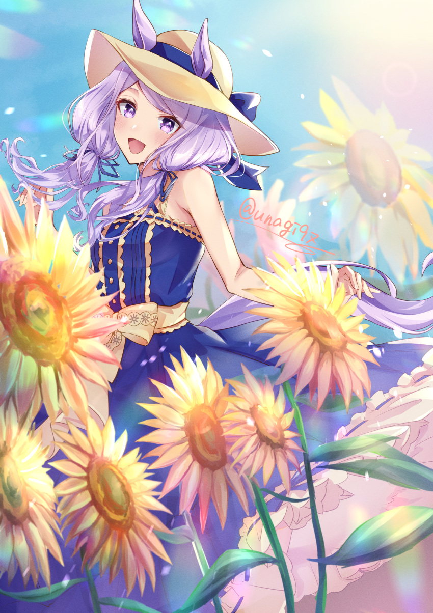 1girl, :d, absurdres, animal_ears, bangs, bare_shoulders, blue_dress, blue_ribbon