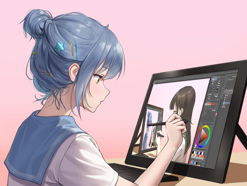 1girl, blue_hair, drawing, hair_bun, hair_ornament, haneru, haori_haruki, highres