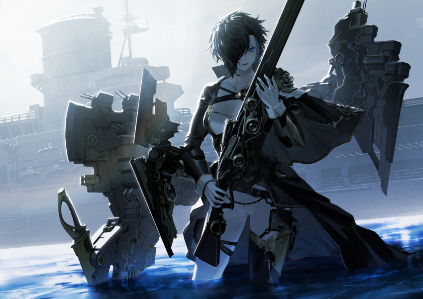 1girl, aircraft_carrier, ark_royal_(azur_lane), azur_lane, black_hair, blue_coat, blue_eyes, coat