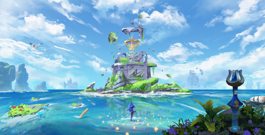 1girl, absurdres, asymmetrical_legwear, black_hair, blue_sky, castle, clouds, cloudy_sky