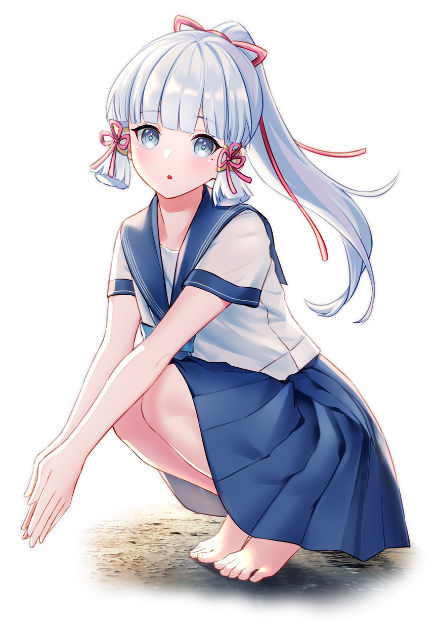 1girl, :o, alternate_costume, bangs, barefoot, blue_eyes, blue_sailor_collar, blue_skirt