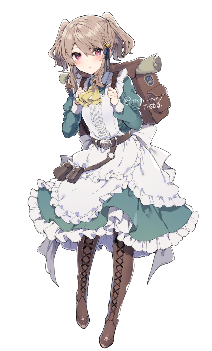 1girl, ascot, backpack, bag, bangs, belt, blush, boots