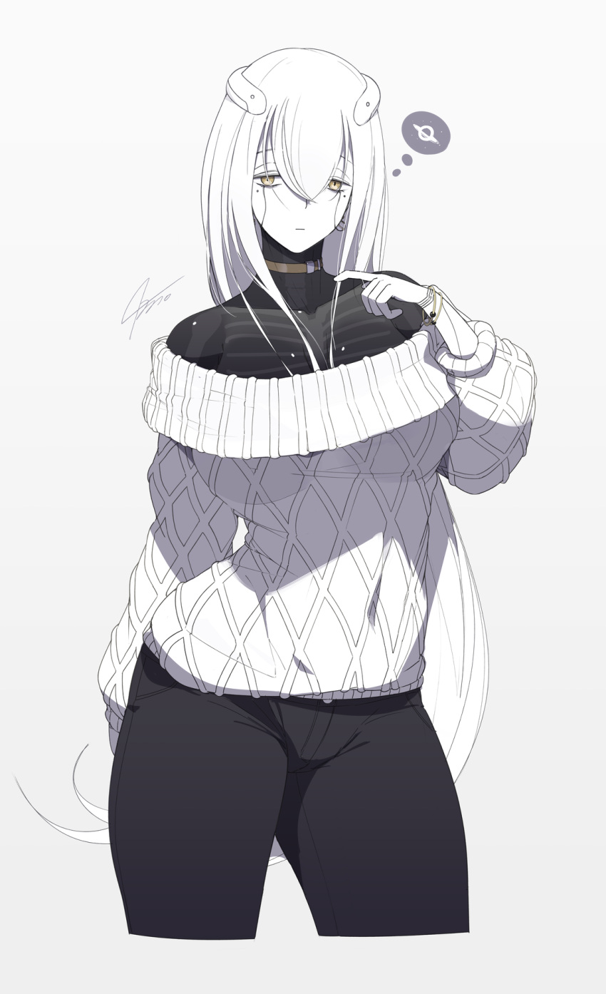 1girl, android, black_skin, breasts, casual, colored_skin, cowboy_shot, denim, eurica_(ub1mo), highres, jeans, joints, long_hair, looking_at_viewer, mechanical_arms, multicolored_skin, off-shoulder_sweater, off_shoulder, original, pants, skeleton, solo, sweater, translucent_skin, two-tone_skin, ub1mo, white_hair, white_skin, yellow_eyes