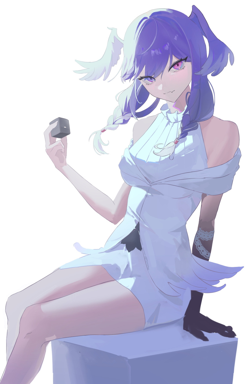 1girl, absurdres, ahoge, arm_support, bare_legs, blue_eyes, braid, dragon_arm