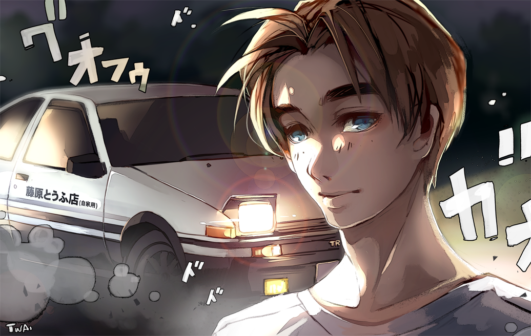 1boy, bangs, blue_eyes, brown_hair, car, closed_mouth, commentary, english_commentary, fujiwara_takumi, ground_vehicle, headlight, initial_d, looking_at_viewer, male_focus, motor_vehicle, parted_bangs, portrait, shirt, short_hair, smile, solo, t-shirt, toyota_sprinter_trueno, twai, white_shirt