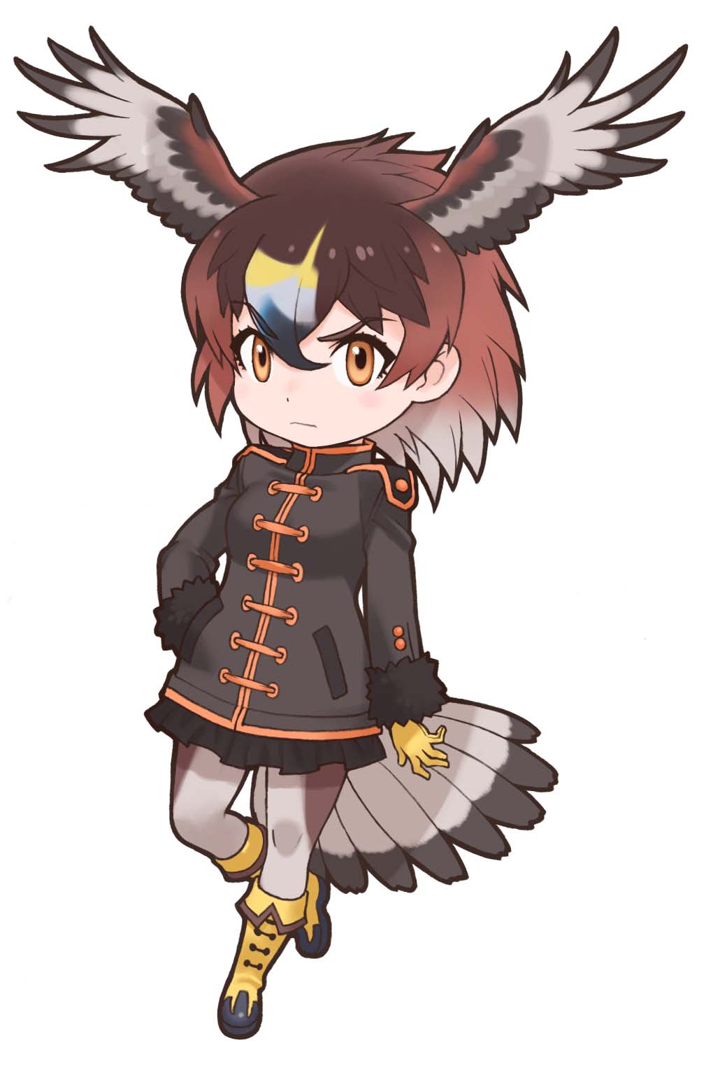 1girl, animal_costume, bird_girl, bird_tail, bird_wings, brown_eyes, brown_hair, closed_mouth