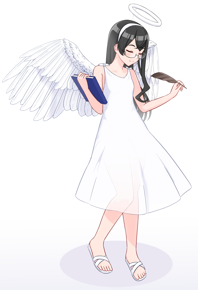 1girl, alternate_costume, angel_wings, barefoot, black_hair, book, closed_eyes, closed_mouth