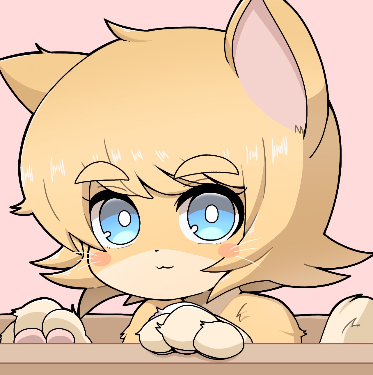 1girl, :3, animal_ears, bangs, blonde_hair, blue_eyes, blush, box, bright_pupils, cat_ears, cat_girl, cat_tail, closed_mouth, commentary_request, cookie_(touhou), furrification, furry, furry_female, highres, kirisame_marisa, looking_at_viewer, madore, meguru_(cookie), pink_background, portrait, short_hair, smile, solo, tail, thick_eyebrows, touhou, whiskers, white_pupils