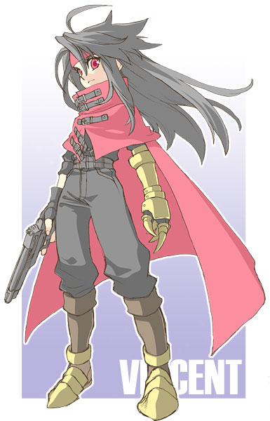 1boy, belt, black_hair, black_pants, black_shirt, boots, cape, character_name, final_fantasy, final_fantasy_vii, fingerless_gloves, gloves, gun, hair_between_eyes, handgun, headband, high_collar, holding, holding_gun, holding_weapon, long_hair, looking_at_viewer, male_focus, pants, pointy_footwear, purple_background, red_cape, red_eyes, red_headband, shirt, sleeves_rolled_up, solo, upper_body, vincent_valentine, weapon, yonesuke