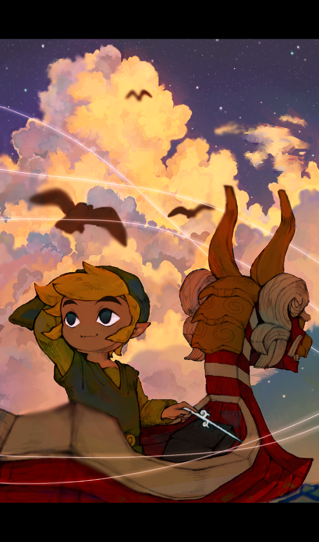 1boy, arm_behind_head, bird, blonde_hair, blurry, blurry_foreground, boat, clouds