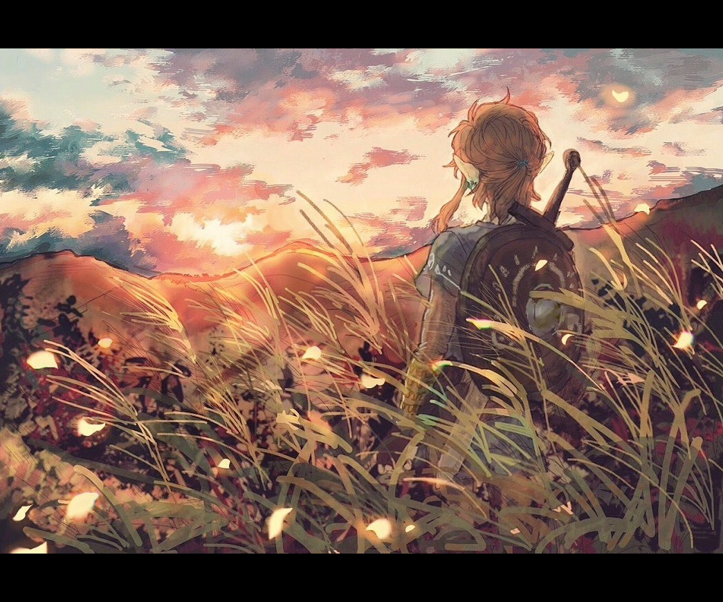 1boy, blonde_hair, blue_tunic, clouds, cloudy_sky, earrings, facing_away, falling_petals, grass, hill, jewelry, kunugi37, layered_shirt, link, long_sleeves, looking_afar, low_ponytail, male_focus, medium_hair, outdoors, petals, pointy_ears, shield, short_ponytail, short_sleeves, sidelocks, sky, solo, sunlight, sunset, sword, the_legend_of_zelda, the_legend_of_zelda:_breath_of_the_wild, upper_body, weapon, weapon_on_back
