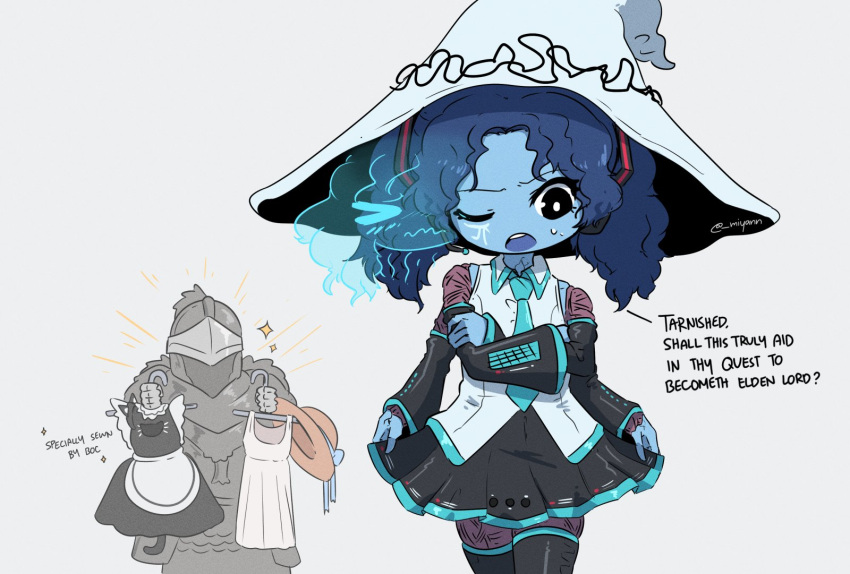 >_<, 1girl, 1other, armor, black_eyes, black_thighhighs, blue_headwear, clothes_lift
