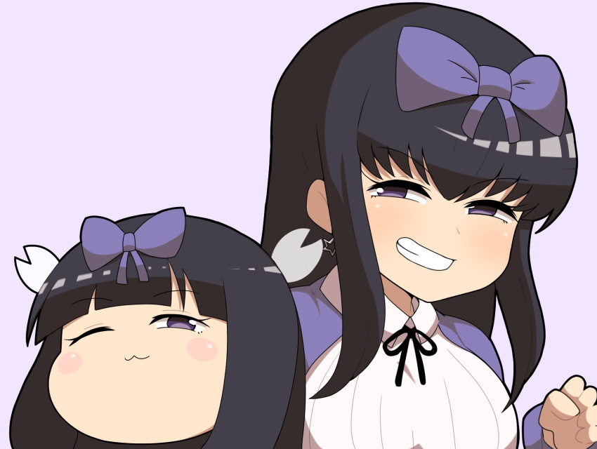 1girl, :3, bangs, black_hair, black_ribbon, blush, bow, breasts