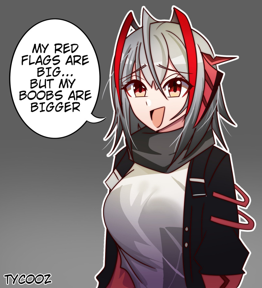 1girl, ahoge, antenna_hair, antennae, arknights, black_jacket, black_scarf, demon_horns, english_text, grey_scarf, grey_shirt, hair_between_eyes, highres, horns, jacket, open_clothes, open_jacket, raw_hero, red_eyes, redhead, scarf, shirt, simple_background, tyco0z, w_(arknights)