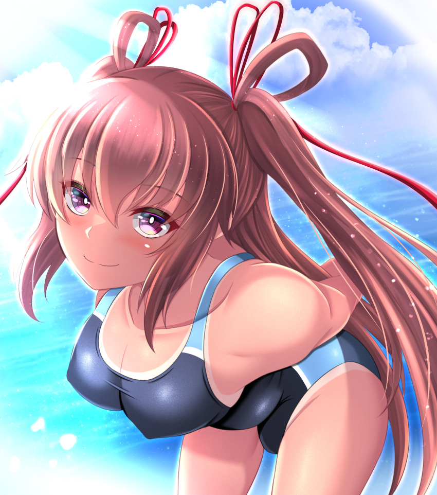 1girl, absurdres, arms_behind_back, brown_hair, competition_swimsuit, covered_navel, highres, kanna_(minamozuki)