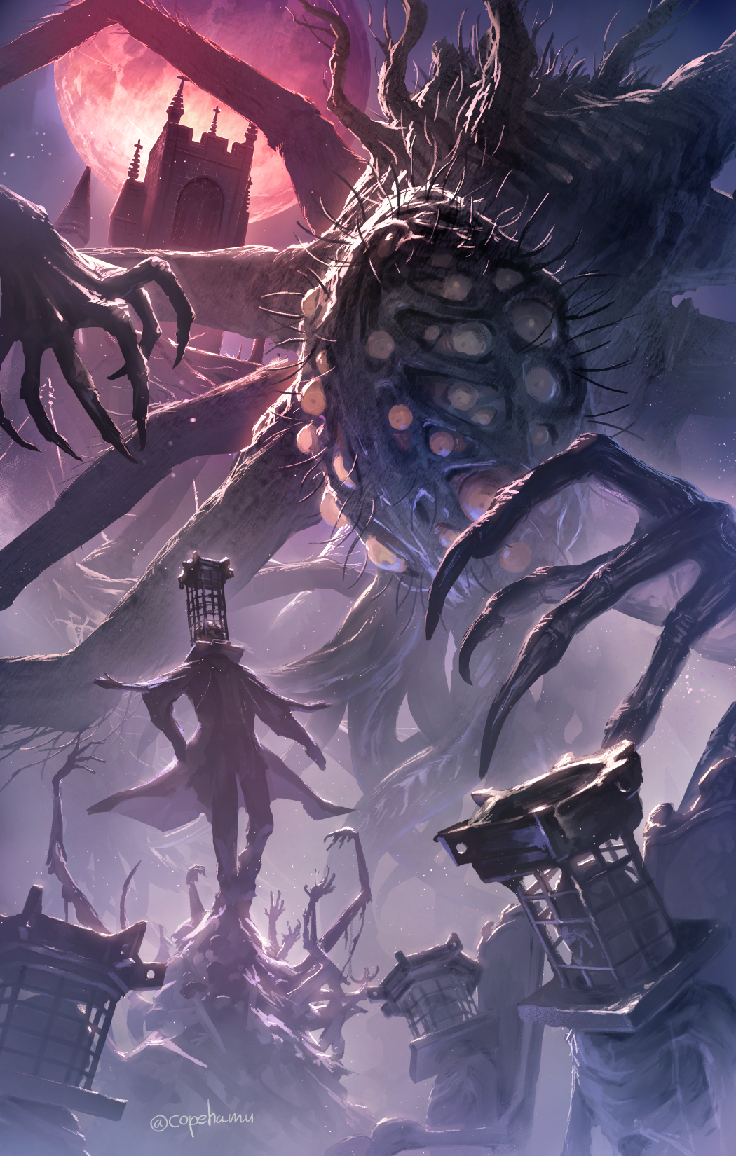 1boy, 1other, amygdala, black_cloak, bloodborne, cage, cloak, clock, clock_tower, copehamu, eldritch_abomination, extra_arms, extra_eyes, highres, layered_sleeves, mensis_cage, micolash_host_of_the_nightmare, monster, moon, night, night_sky, sitting, sky, tower