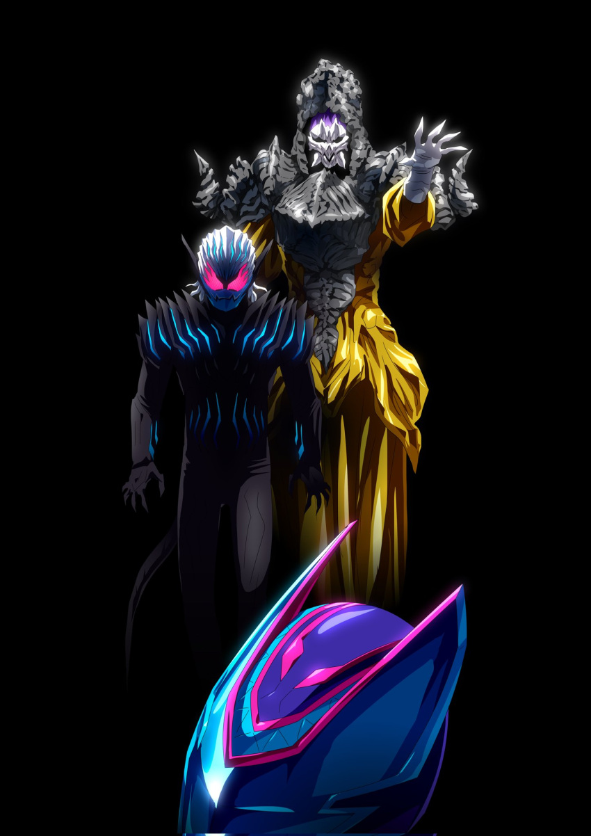 2boys, alternate_eye_color, armor, black_background, black_tail, colored_skin, demon, demon_boy