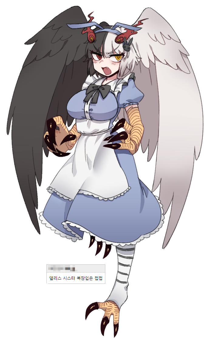 1girl, alice_(black_souls), animal_feet, animal_hands, apron, bangs, bird_legs, bird_wings