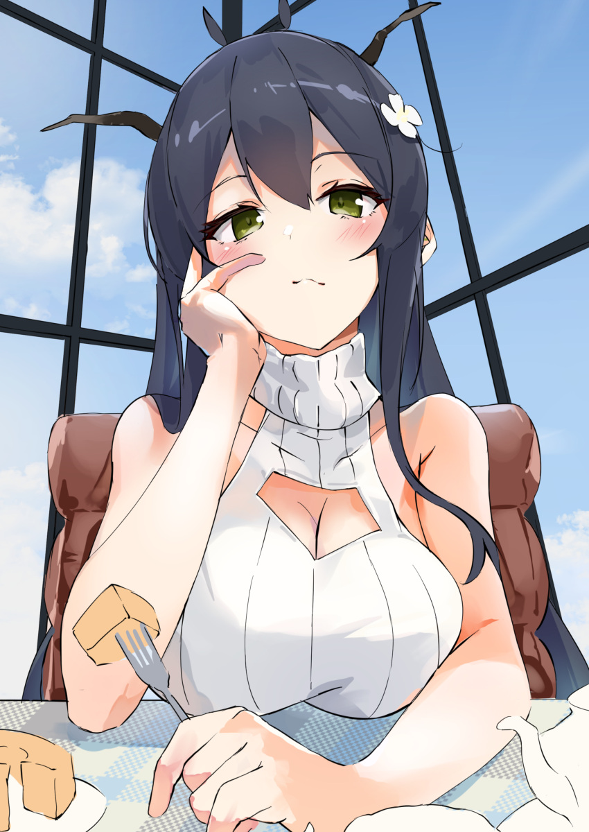 1girl, absurdres, antlers, azur_lane, black_hair, blush, breasts, casual