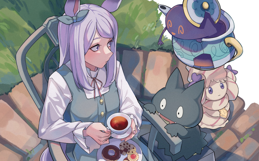 1girl, absurdres, alcremie, animal_ears, bow, casual, commentary_request, cookie