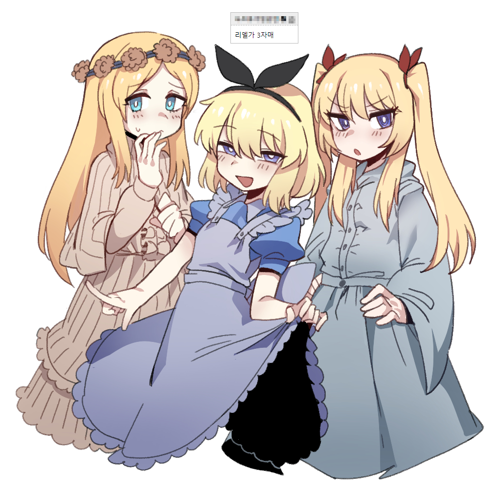 3girls, :d, alice_(black_souls), apron, apron_lift, bangs, black_hairband, black_souls, blonde_hair, blue_eyes, bright_pupils, buttons, center_frills, closed_mouth, dress, edith_(black_souls), frills, grey_dress, hair_between_eyes, hair_ribbon, hairband, hand_up, hands_on_hips, korean_text, long_hair, long_sleeves, lorina_(black_souls), multiple_girls, nyong_nyong, open_mouth, parted_bangs, puffy_short_sleeves, puffy_sleeves, red_ribbon, ribbon, short_hair, short_sleeves, sidelocks, simple_background, smile, twintails, v-shaped_eyebrows, white_background, white_pupils, wide_sleeves