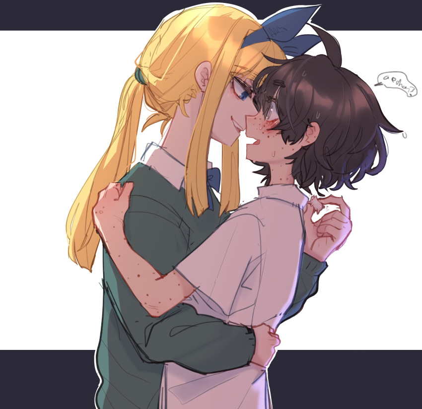 2girls, absurdres, ahoge, bangs, blind_girl_(popopoka), blonde_girl_(popopoka), blonde_hair, blue_bow