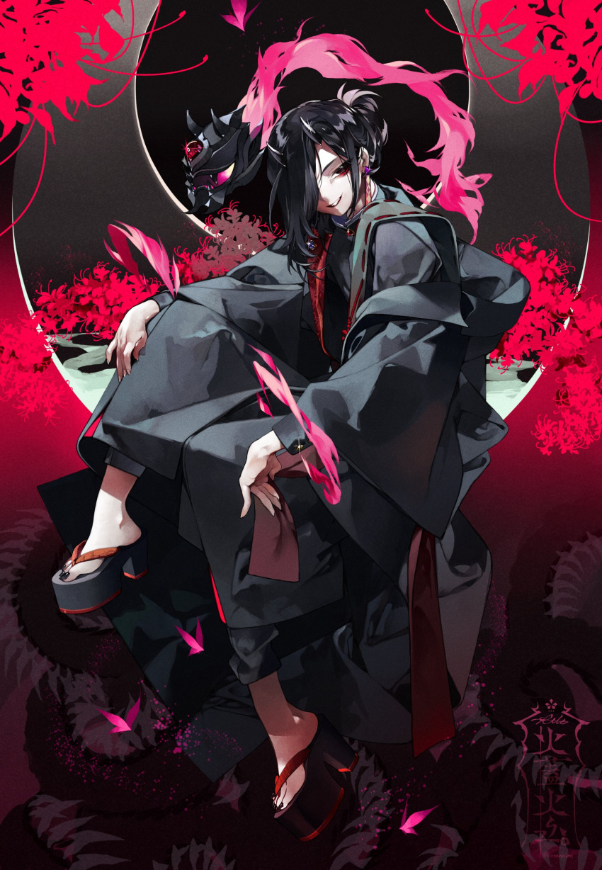 1other, absurdres, asymmetrical_hair, bangs, black_background, black_eyes, black_hair, black_horns