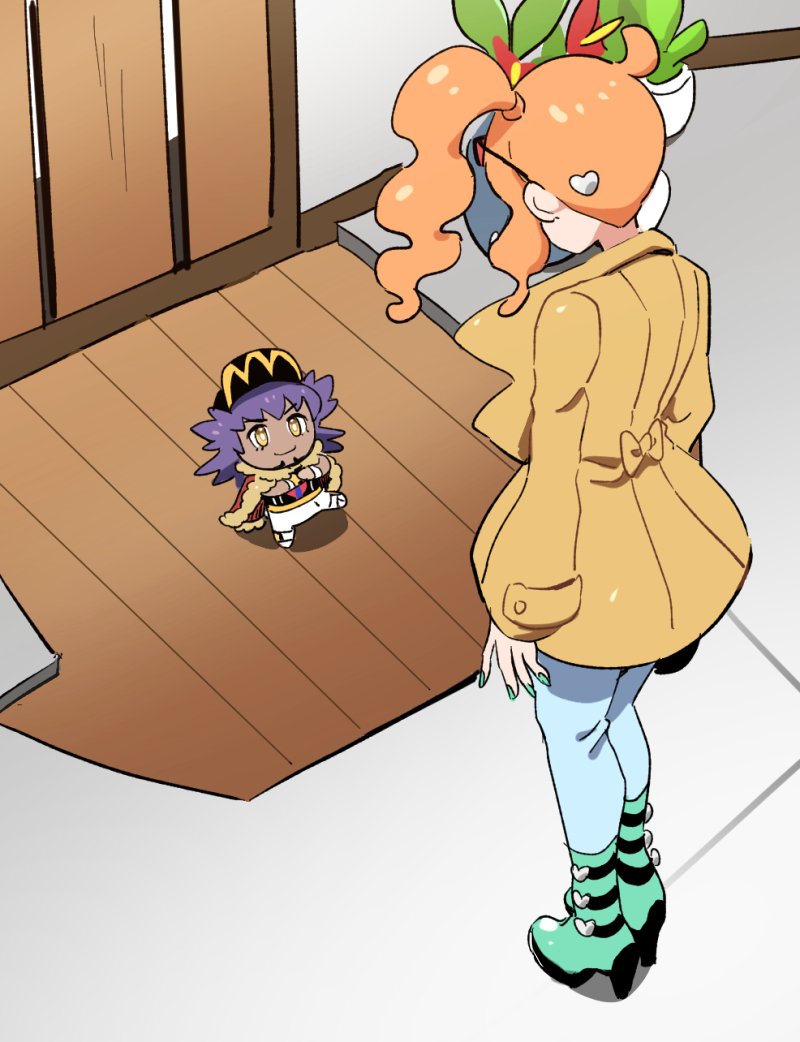 1boy, 1girl, baseball_cap, cat_breakdancing_(meme), champion_uniform, chibi, coat, dede_(qwea_00000)