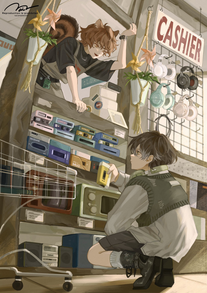 2boys, animal_ears, animalization, cash_register, cashier, commentary_request, convenience_store, counter