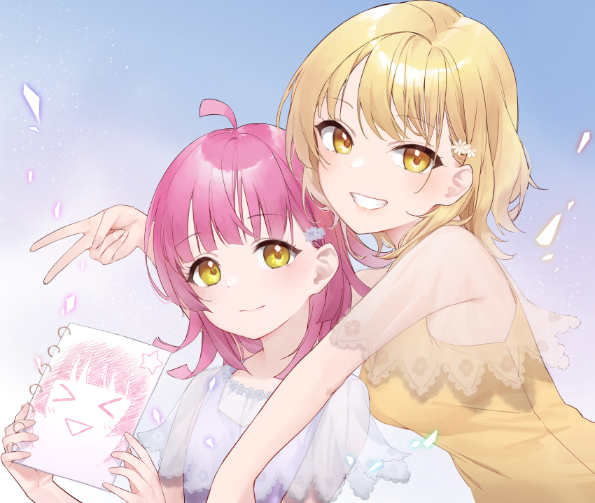 2girls, absurdres, ahoge, bangs, blonde_hair, blunt_bangs, blunt_ends, grin