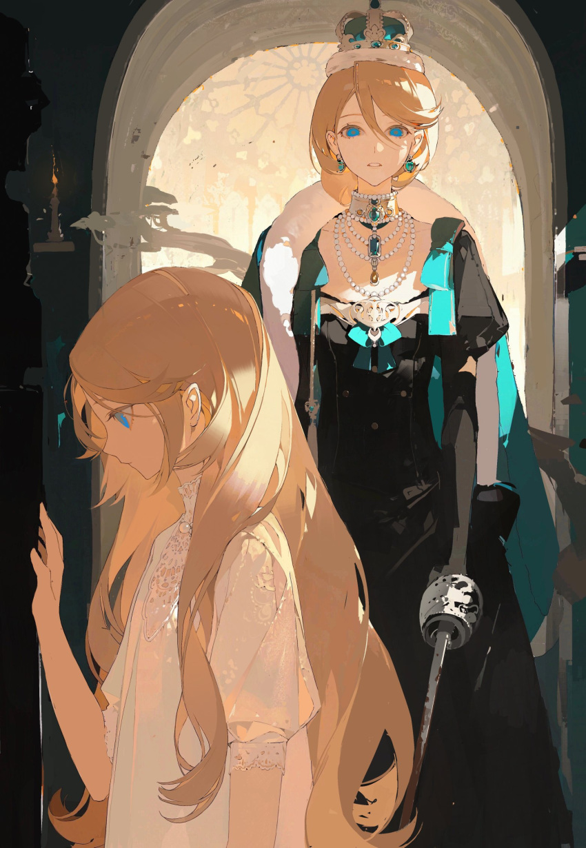 2girls, aqua_cape, arch, bangs, bead_necklace, beads, black_dress, black_gloves