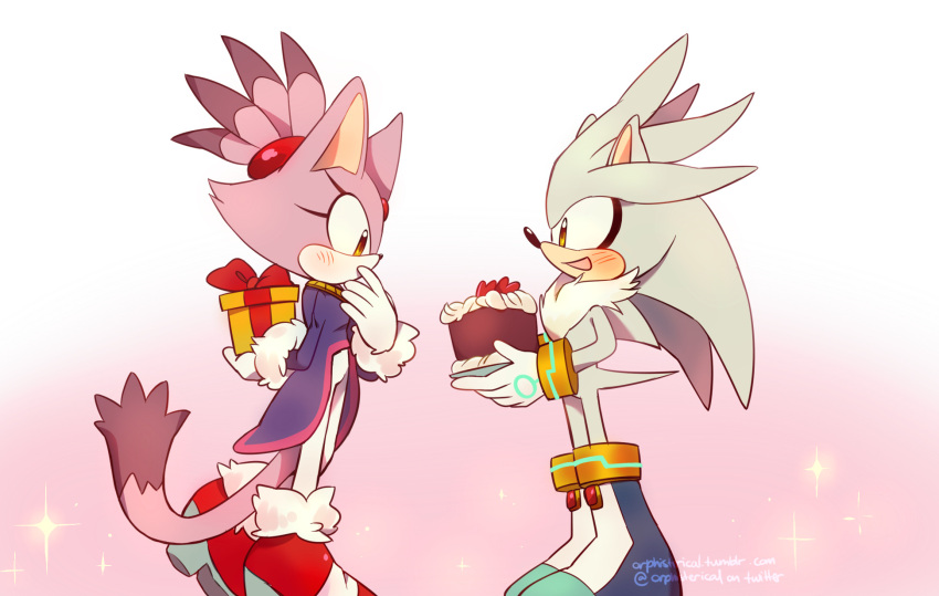 1boy, 1girl, blaze_the_cat, blush, boots, box, cake, dress