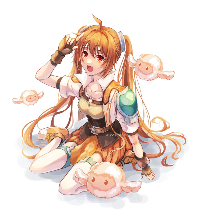 1girl, ahoge, armor, belt, breasts, brown_hair, eiyuu_densetsu, estelle_bright, fingerless_gloves, gloves, hair_intakes, highres, jacket, long_hair, looking_at_viewer, meowpie, open_mouth, popped_collar, red_eyes, shirt, shoulder_armor, sitting, skirt, smile, solo, sora_no_kiseki, twintails, wariza