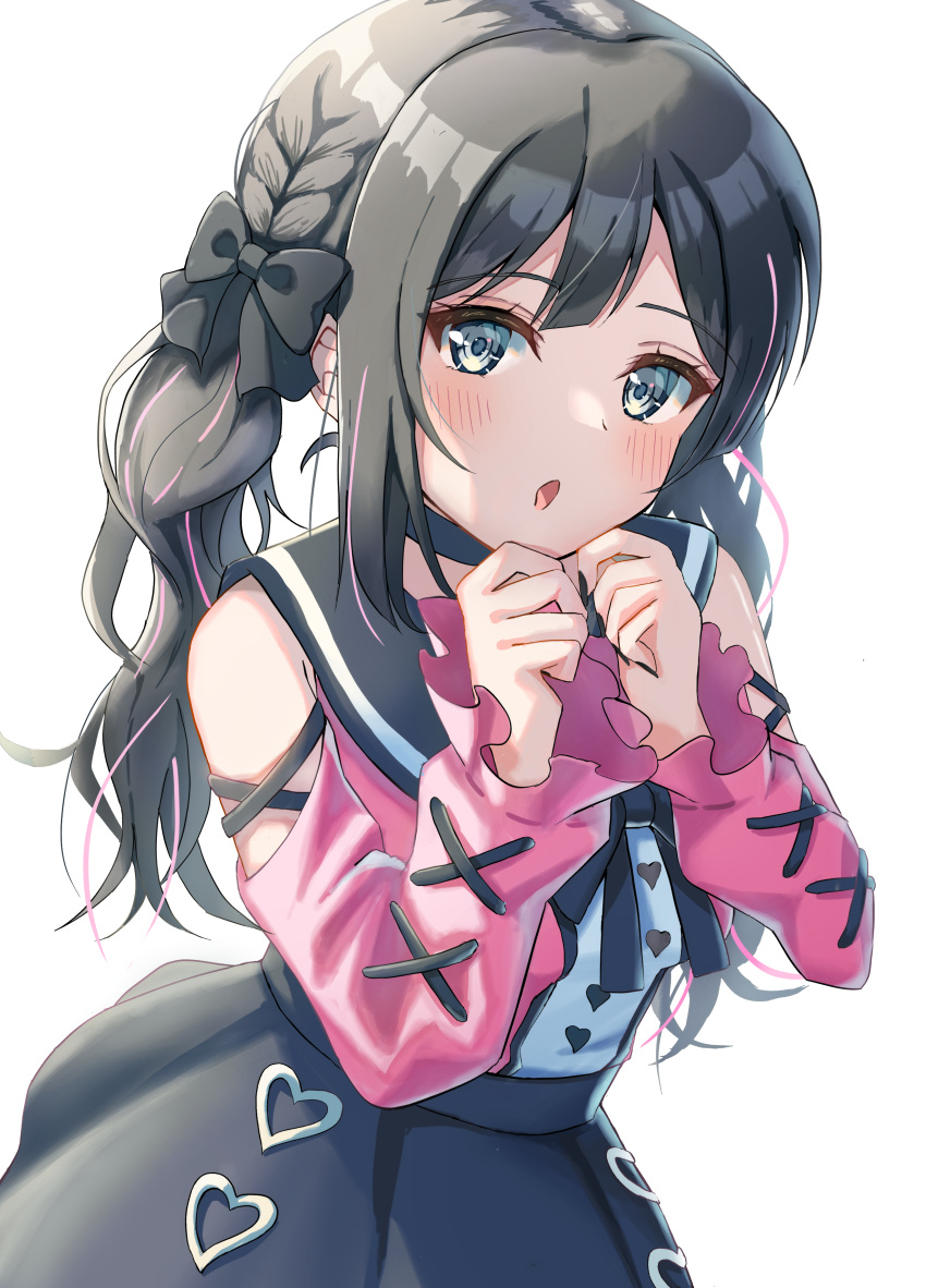 1girl, absurdres, bangs, black_dress, black_eyes, black_hair, blush, braid, dress, grey_eyes, highres, jiraikei, long_hair, love_live!, love_live!_nijigasaki_high_school_idol_club, nakagawa_nana, oekakiren_0403, sailor_collar, solo, swept_bangs, twintails, yuuki_setsuna_(love_live!)