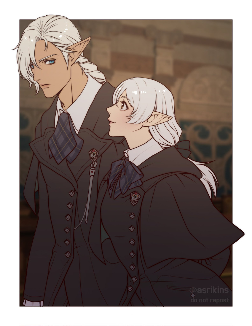 1boy, 1girl, aiguillette, ameliance_leveilleur, aqua_eyes, artist_name, ascot, asrikins, asymmetrical_bangs, bangs, black_bow, black_cloak, blue_ascot, blue_bow, blue_bowtie, blurry, blurry_background, border, bow, bowtie, braid, braided_ponytail, buttons, capelet, checkered_ascot, checkered_bow, checkered_bowtie, checkered_clothes, cloak, closed_mouth, collared_shirt, commentary, elf, english_commentary, eyelashes, final_fantasy, final_fantasy_xiv, fourchenault_leveilleur, grey_hair, hair_between_eyes, hair_bow, highres, indoors, long_hair, long_sleeves, looking_at_another, low_ponytail, pointy_ears, ponytail, school_uniform, shiny, shiny_hair, shirt, sidelocks, smile, standing, uniform, white_border, white_shirt, wing_collar, yellow_eyes