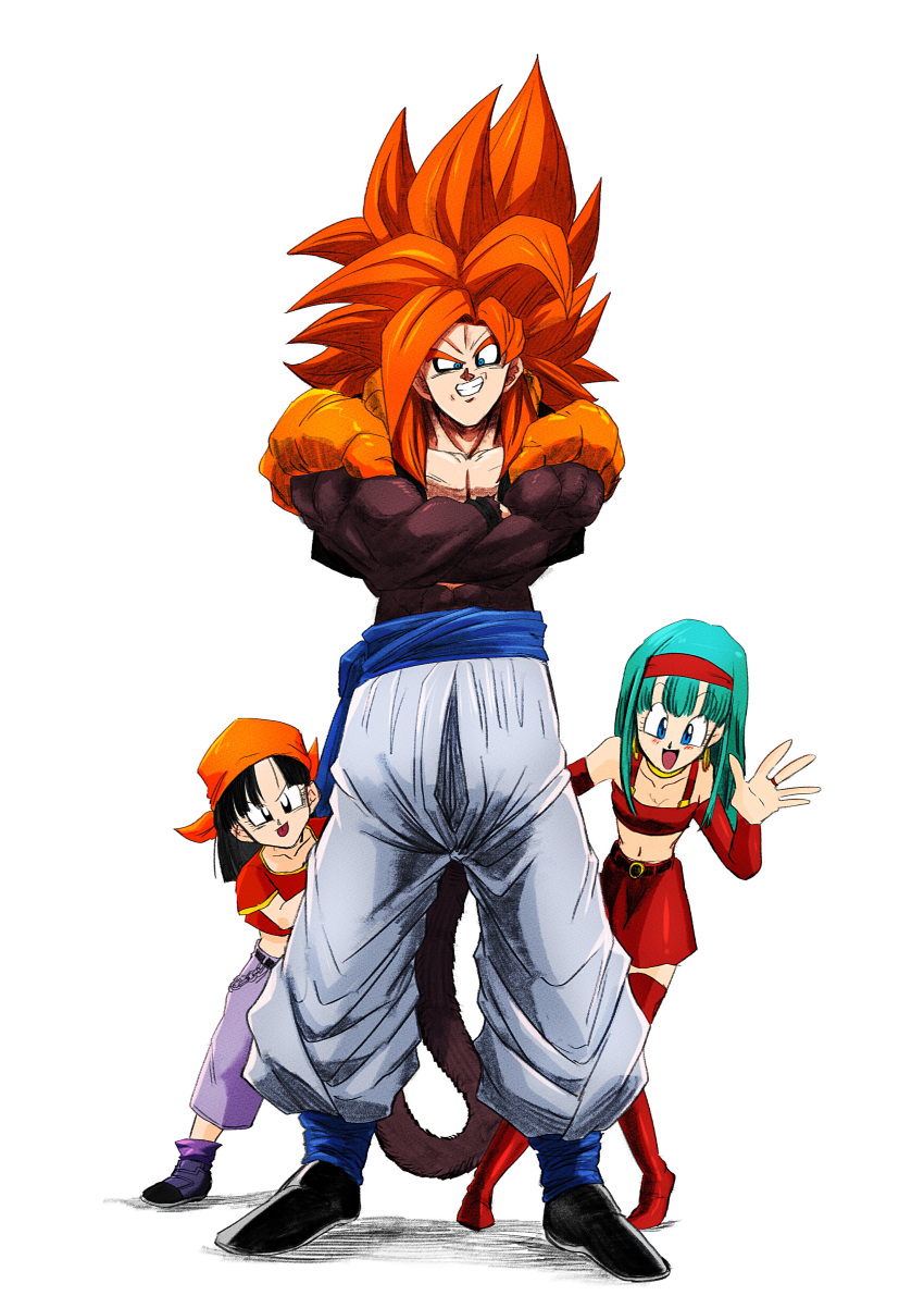 1boy, 2girls, abs, absurdres, bandana, body_fur, bra_(dragon_ball), dragon_ball, dragon_ball_gt, father_and_daughter, gogeta, grandfather_and_granddaughter, highres, looking_at_viewer, metamoran_vest, monkey_boy, monkey_tail, multiple_girls, muscular, muscular_male, orange_bandana, pan_(dragon_ball), super_saiyan, super_saiyan_4, tail, yuuri_(fukuroudou)