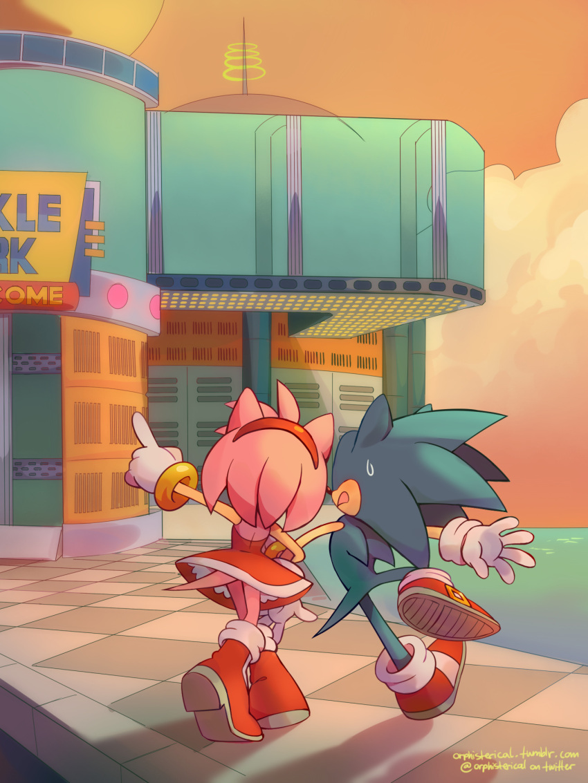 1boy, 1girl, 90s, amy_rose, animal, bracelet, dress, from_behind, full_body, gloves, hairband, hedgehog, high_heels, highres, jewelry, mammal, no_humans, ocean, orphisterical, outdoors, pointing, red_dress, red_hairband, rodent, sega, sky, sonic_(series), sonic_adventure, sonic_adventure_dx_director's_cut, sonic_team, sonic_the_hedgehog, sunset, sweatdrop, tail, twinkle_park, twitter_username, urban, walking, white_gloves