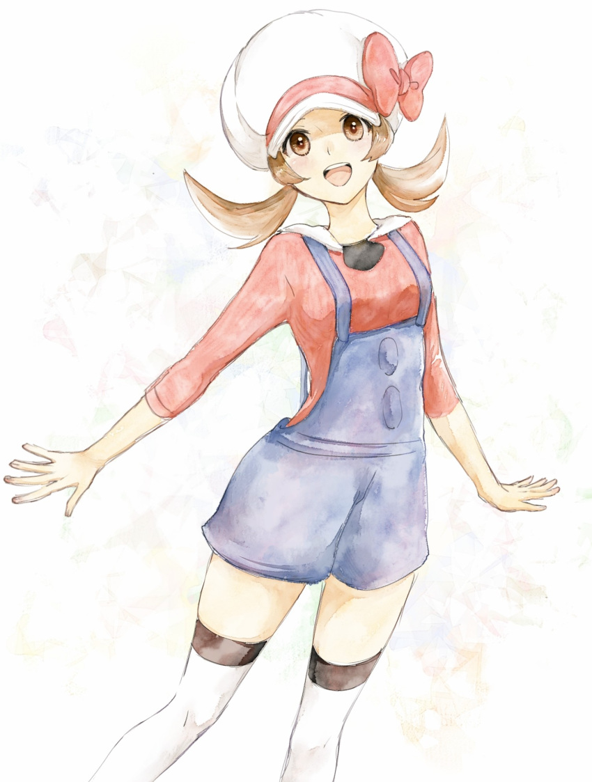 1girl, :d, asuka_rkgk, blue_overalls, bow, brown_eyes, brown_hair, cabbie_hat, commentary_request, happy, hat, hat_bow, highres, long_hair, lyra_(pokemon), open_mouth, overalls, pokemon, pokemon_(game), pokemon_hgss, red_bow, red_shirt, shirt, smile, solo, teeth, thigh-highs, tongue, twintails, upper_teeth, white_headwear