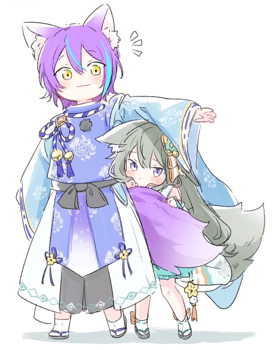 1boy, 1girl, animal_ear_fluff, animal_ears, aqua_hair, bangs, bell, blue_robe, blush, chibi, clinging, detached_sleeves, ears_down, fox_boy, fox_ears, fox_girl, fox_tail, full_body, geta, green_hair, hair_between_eyes, hair_ornament, hands_up, height_difference, hiding, hiding_behind_another, highres, holding_another's_tail, japanese_clothes, jingle_bell, kamishiro_rui, kariginu, kusanagi_nene, long_hair, long_sleeves, looking_at_viewer, multicolored_hair, outstretched_arm, peeking_out, pom_pom_(clothes), project_sekai, purple_hair, ribbon-trimmed_sleeves, ribbon_trim, robe, sekai_yoni, short_hair, sidelocks, simple_background, socks, standing, streaked_hair, tabi, tail, tassel, very_long_hair, violet_eyes, white_background, white_socks, wide_sleeves, yellow_eyes